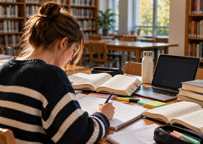 Középiskolás diák jegyzetel könyvek és laptop mellett egy világos könyvtárban