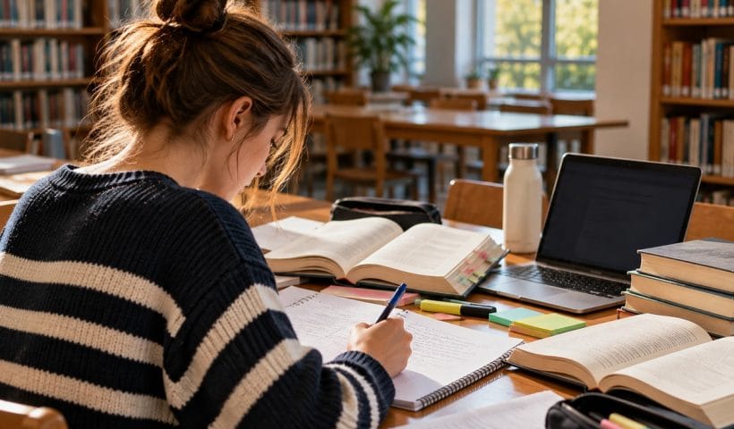 Középiskolás diák jegyzetel könyvek és laptop mellett egy világos könyvtárban