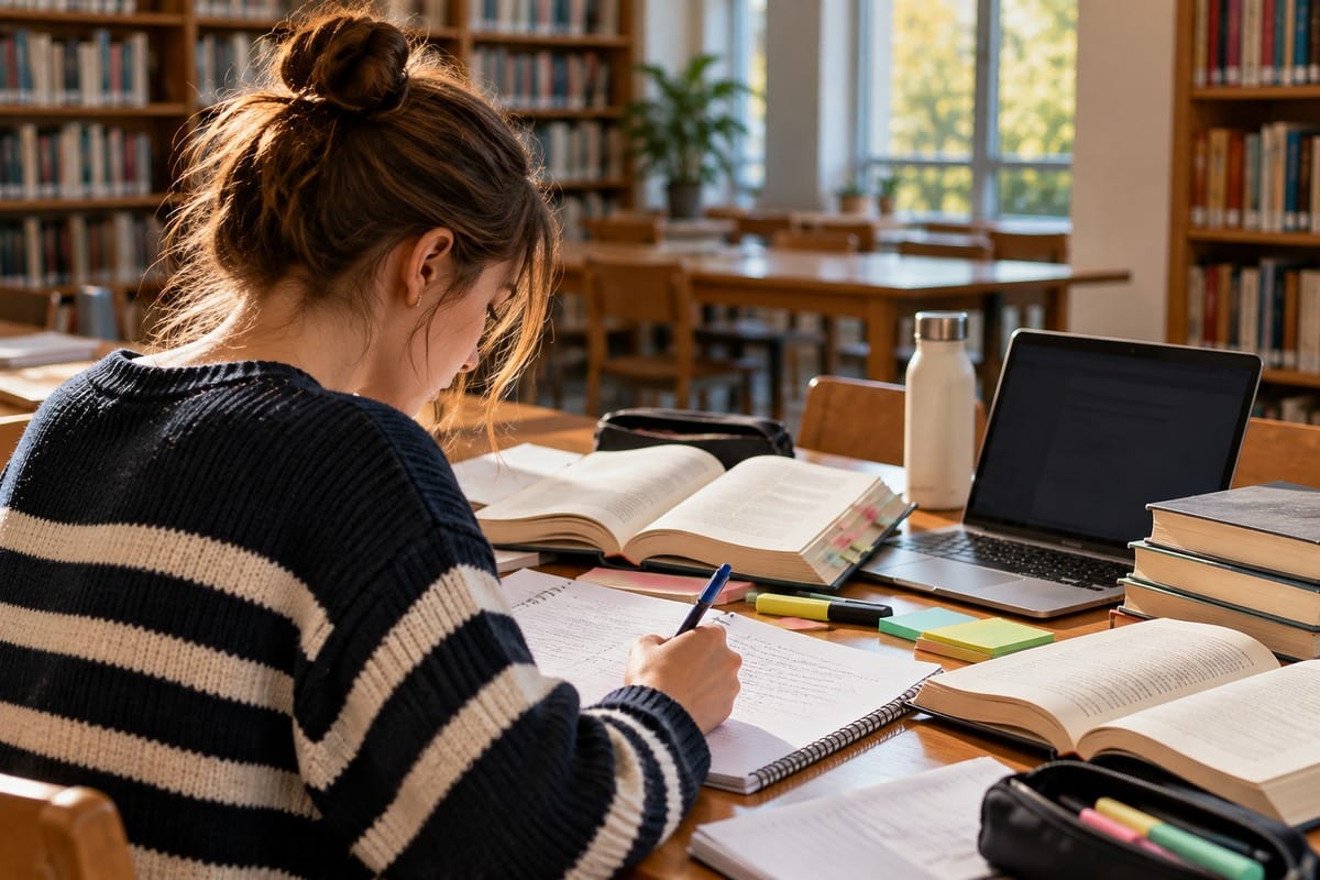 Középiskolás diák jegyzetel könyvek és laptop mellett egy világos könyvtárban