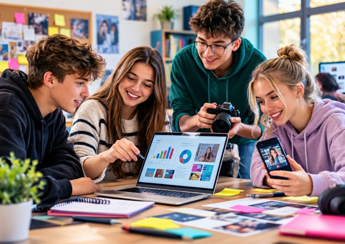 Középiskolás fiatalok egy kreatív projektet terveznek laptop, fényképezőgép és jegyzetek mellett